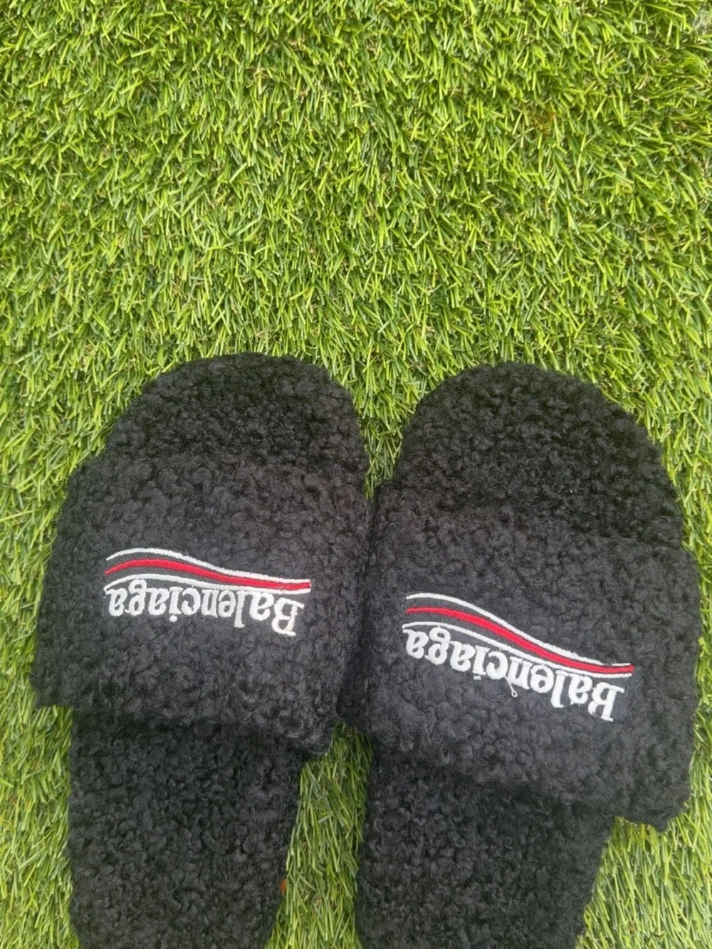 Balenciaga Black Faux-Shearling Logo Slides with Red & White Stripe
